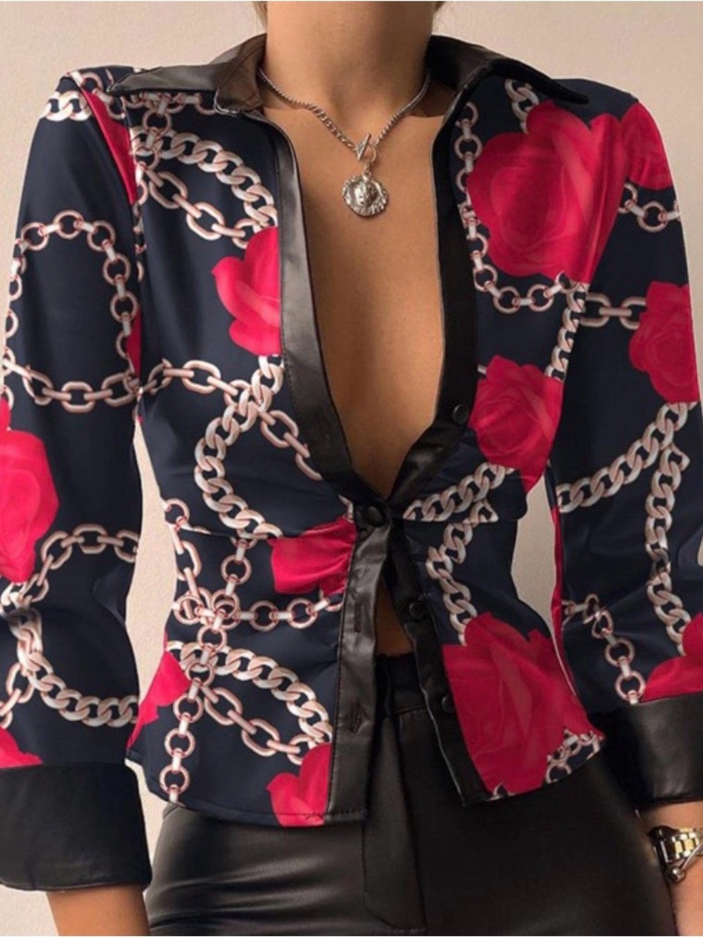 Navy Red Rose Chain-Print Satin Button-Down Top Sz medium streetwear processiona
